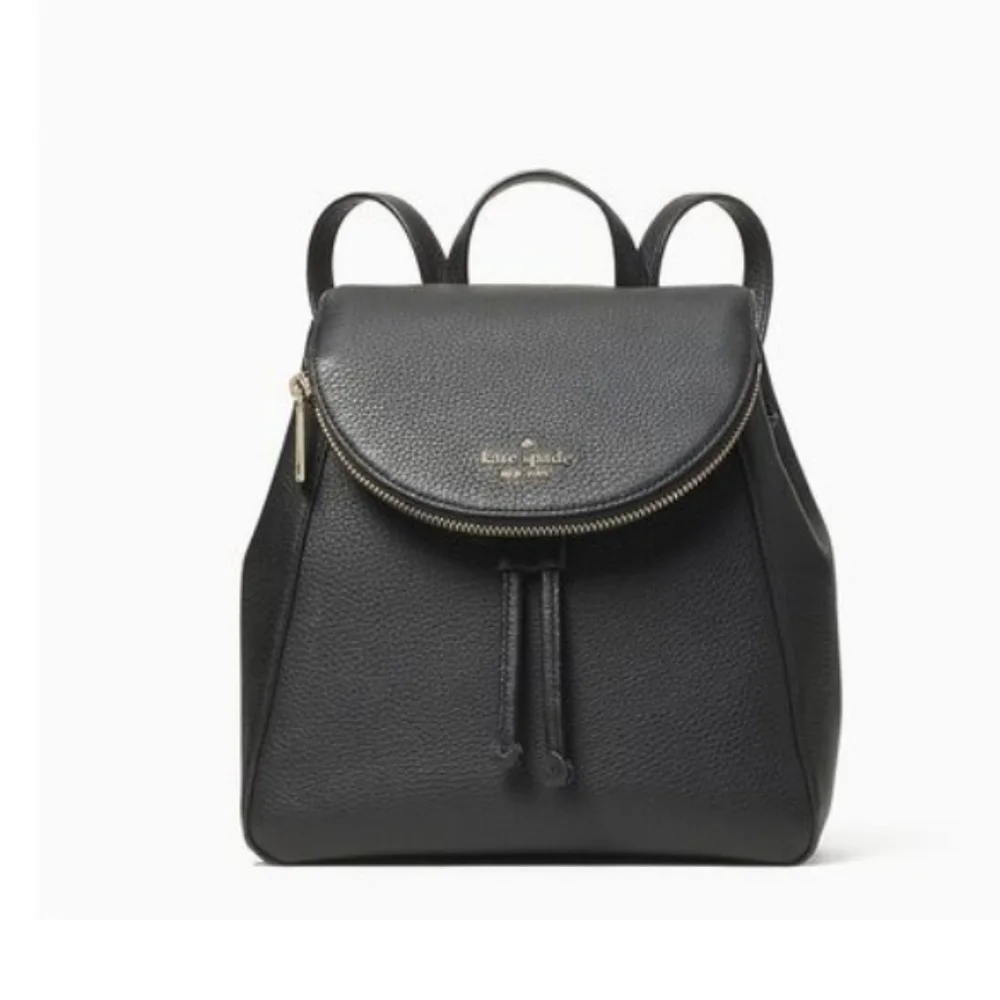 Kate Spade Leila Black Pebbled Leather Flap Backpack NWT